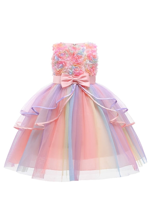Kids Flower Dresses For Baby Girls Elegant Wedding Princess Dress Ceremony Party Rainbow Tutu Ball Gown