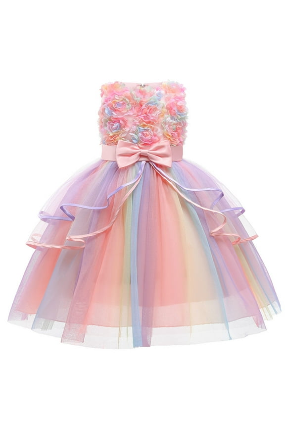 Kids Flower Dresses For Baby Girls Elegant Wedding Princess Dress Ceremony Party Rainbow Tutu Ball Gown