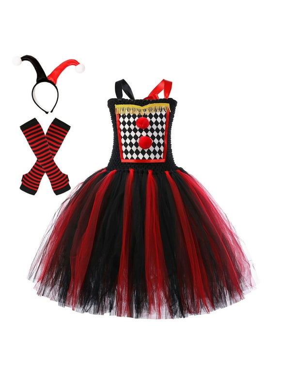 HAWEE Little Girls Creepy Clown Costume Set Halloween Kids Circus Party Suit Wicked Jester Dress