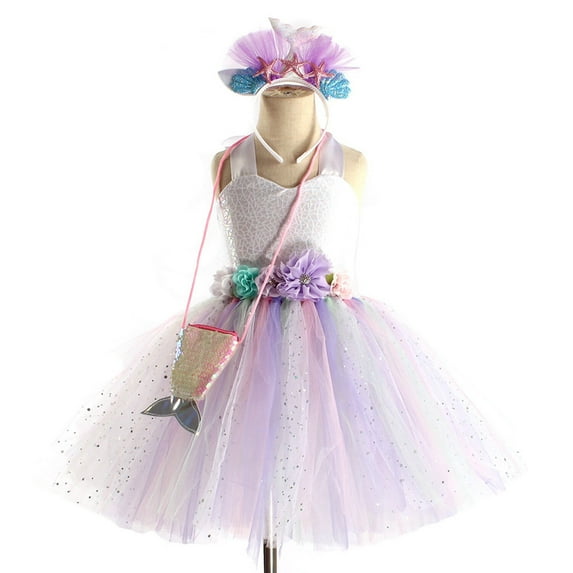 HAWEE Mermaid Princess Costume Tutu Dress for Girls with Headband Purse Halloween Birthday Party Gifts Dress Up Clothes