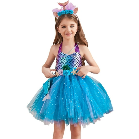 HAWEE Mermaid Princess Costume Tutu Dress for Girls with Headband Purse Halloween Birthday Party Gifts Dress Up Clothes