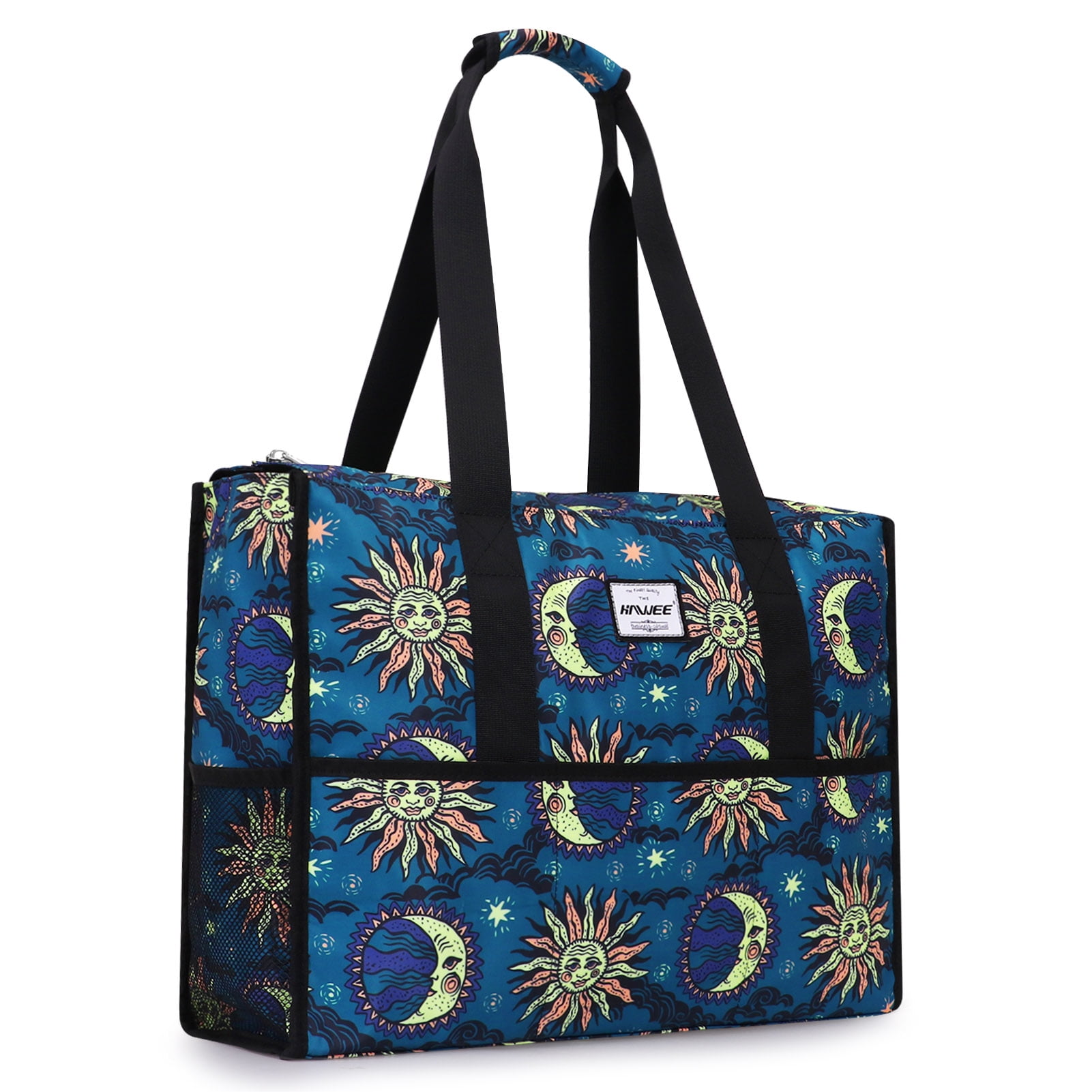HAWEE Multi Pocket Tote Bag with Laptop Sleeve Large Multipurpose Organizer Bag for Teachers/ Nurses/ Doctor/ Traveller, Sun and Moon