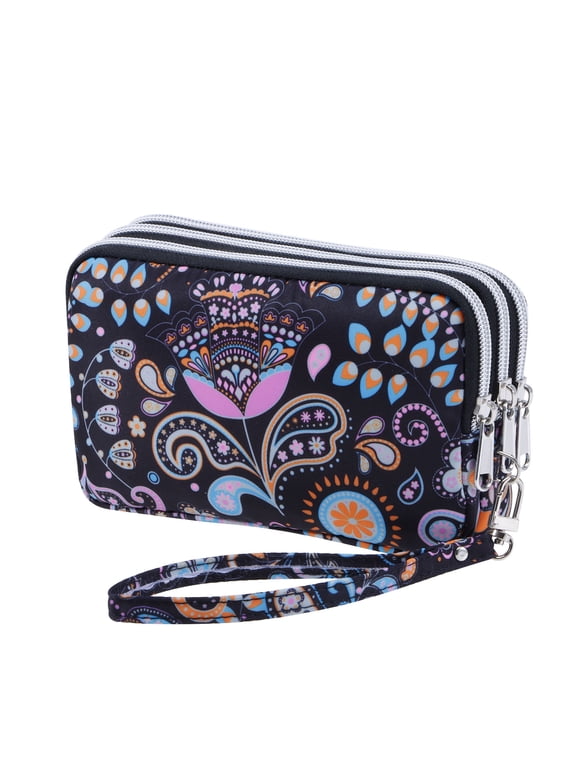 Paisley Wristlet Wallets for Women 3 Zipper Coin Pouch Large Capacity Travel Cell Phone Purse with Removable Wrist Strap