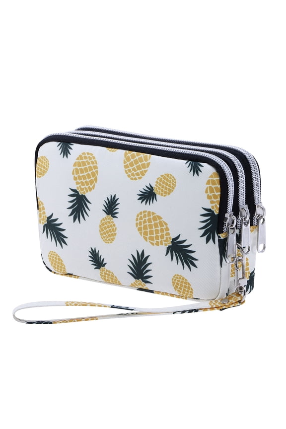 Pineapple Print Wristlet Handbag Purse Cell Phone Pocket Clutch Wallet 6 Credit Card Slots Three Zipper Pouch