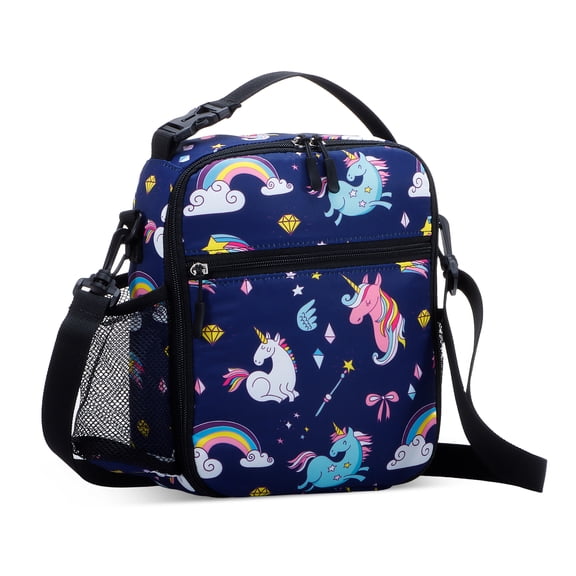 HAWEE Portable Lunch Bag with Adjustable Shoulder Strap Insulated Crossbody Bag with Bottle Holder for Office Picnic Travel, Rainbow Unicorn