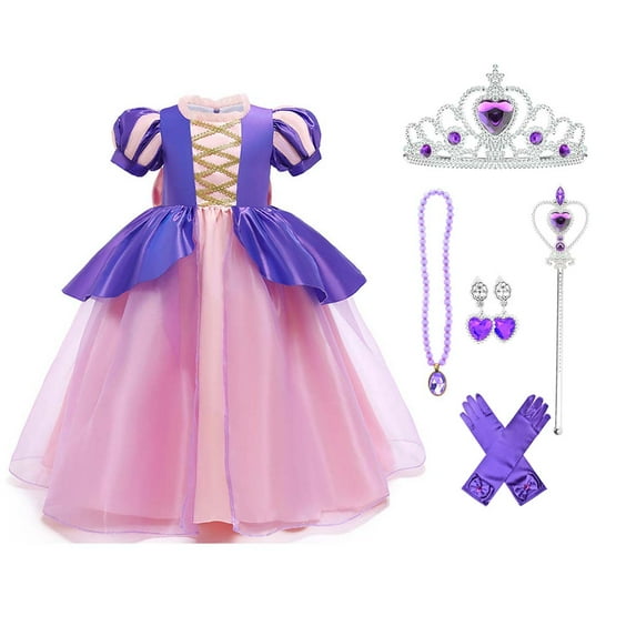 HAWEE Princess Costume for Girl Dress Up Costume Kids Puff Sleeve Fancy Party Purple Costume Layerd Dresses