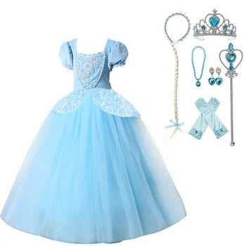 HAWEE Princess Dress Cinderella Costume for Girls Puff Sleeves Fancy Party Blue Dress Up Cosplay Outfit