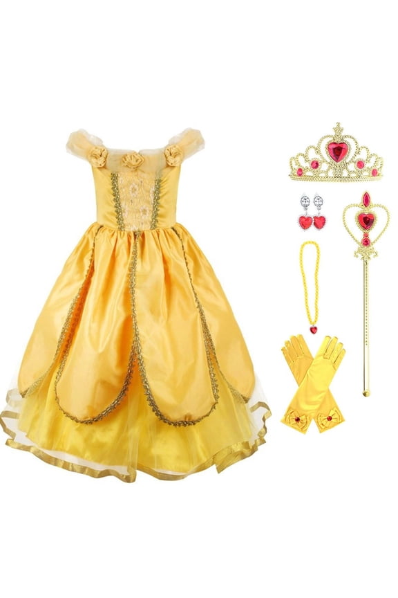 Princess Dress Up Costume for Girls Birthday Cosplay Party with Accessories, Yellow