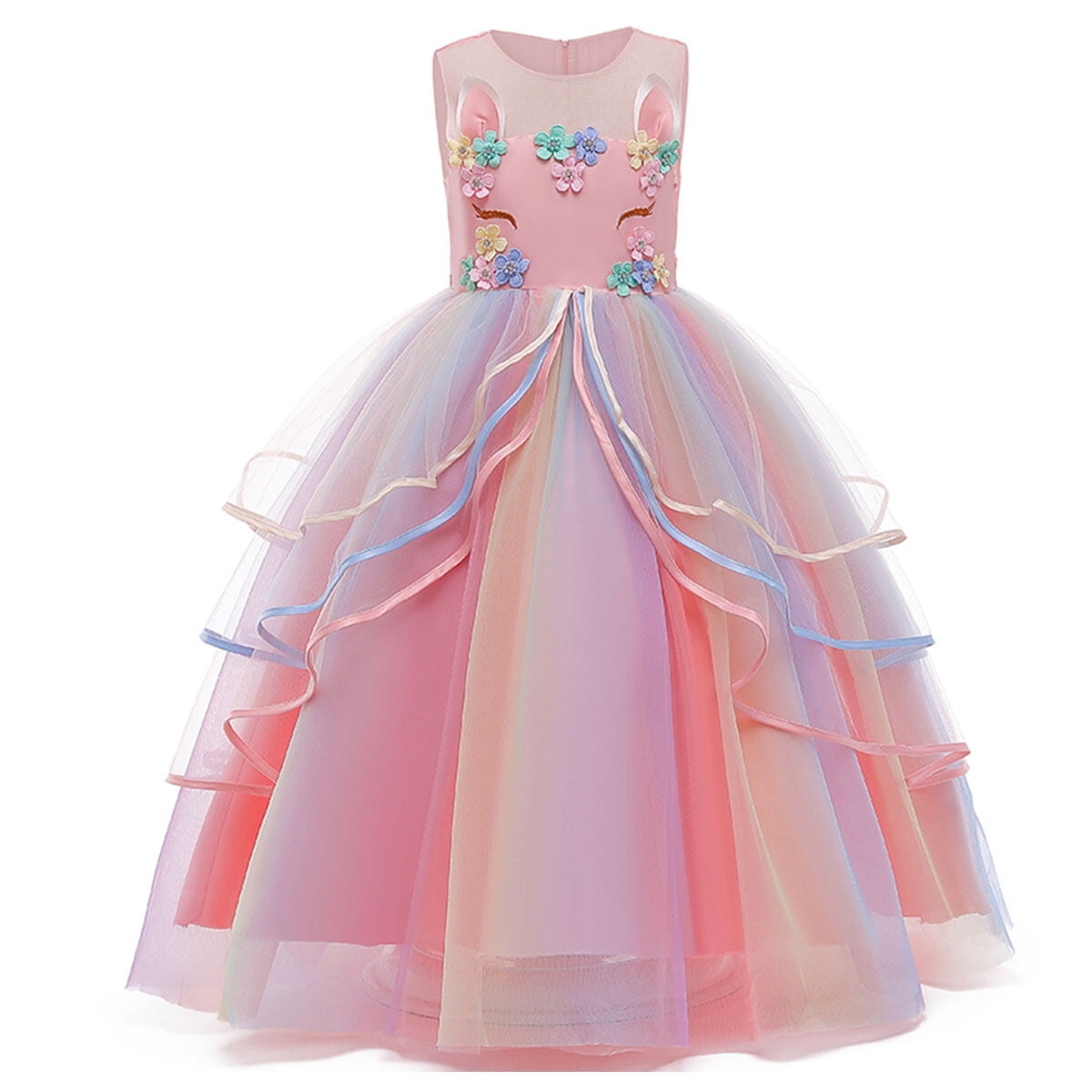 Wavlynn Wrinkled Tulle Long Dress for Girls with Round Neck and Puff Sleeves Princess Party Gown main image 1