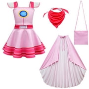 HAWEE Princess Peach Dress for Girls Toddler Kids Cartoon Casual Pink Dress with Bag Scarf and Cape