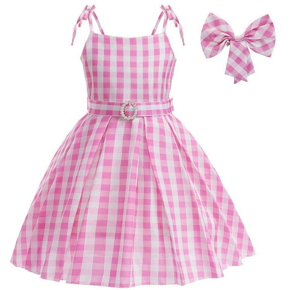 HAWEE Princess Pink Dress for Girls Pink Costume Plaid Sleeveless Sundress With Accessories Halloween Birthday Party