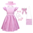 thumbnail image 1 of HAWEE Princess Pink Dress for Girls Pink Costume Plaid Sleeveless Sundress With Accessories Halloween Birthday Party, 1 of 6