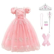 HAWEE Princess Dress for Girl Pink Cosplay Halloween Costume Puff Sleeve Layerd Dresses