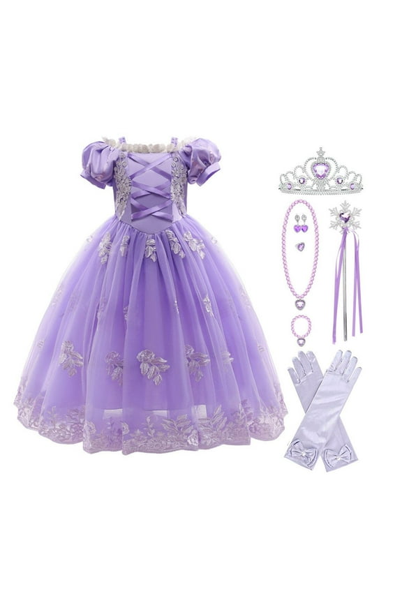 Princess Dress for Girl Purple Cosplay Halloween Costume Puff Sleeve Layerd Dresses