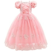 HAWEE Princess Dress for Girl Pink Cosplay Halloween Costume Puff Sleeve Layerd Dresses