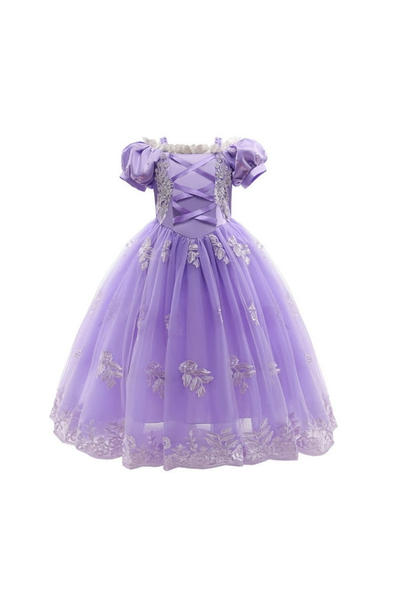 Princess Dress for Girl Purple Cosplay Halloween Costume Puff Sleeve Layerd Dresses