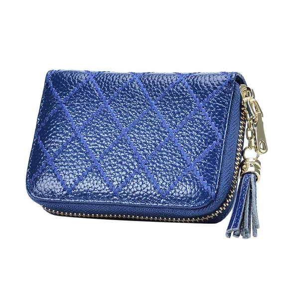 HAWEE RFID Credit Card Wallet for Women Accordion Genuine Leather 15 Slots Case Card Holder Tassel Pendant, Blue