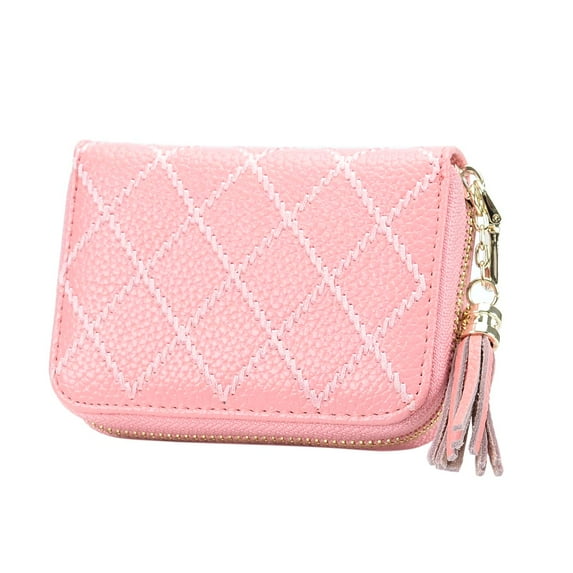 HAWEE RFID Credit Card Wallet for Women Accordion Genuine Leather 15 Slots Case Card Holder Tassel Pendant, Pink