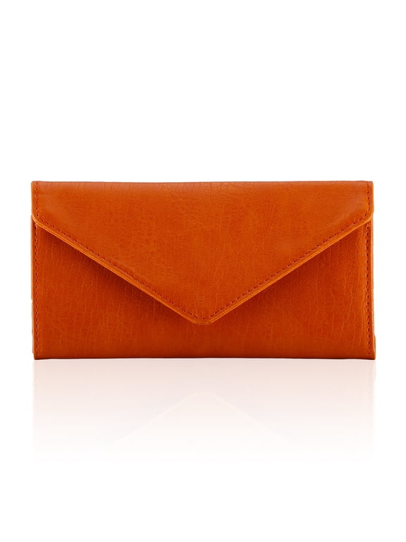 RFID Slim Wallet for Women Thin Card Holder Travel Trifold Clutch Ladies Long Billfold, 2 ID Windows, Orange