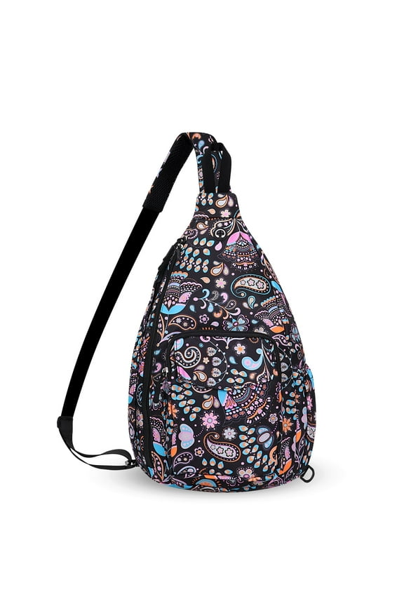 Rope Sling Backpack Crossbody Hiking Daypack Bag with Anti-theft Pocket and Water Bottle Pocket, Paisley