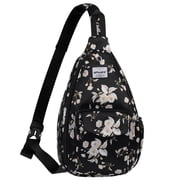 HAWEE Rope Sling Bag for Women and Men Casual Cross Body Backpack Adjustable Anti-slip Strap/ Bottle Pocket/ Earphone Hole for Travel Hiking Sports, Beige Flowe