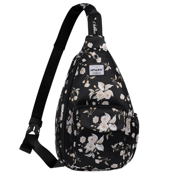 HAWEE Rope Sling Bag for Women and Men Casual Cross Body Backpack Adjustable Anti-slip Strap/ Bottle Pocket/ Earphone Hole for Travel Hiking Sports, Beige Flower