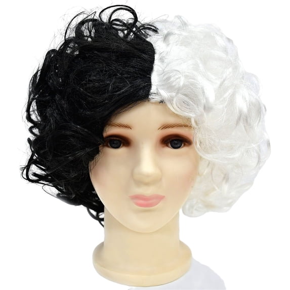 HAWEE Short Curly Black and White Cosplay Wig for Girls Role Play Hair Wig for Halloween