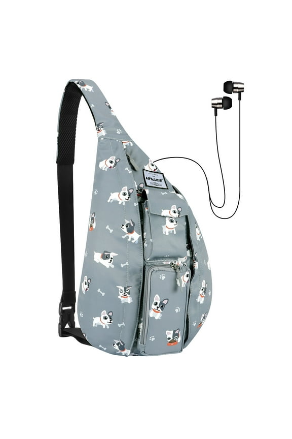Sling Backpack Hiking Backpack Chest Sling Bag Sports Travel Crossbody Daypack for Women, Grey + White Dog
