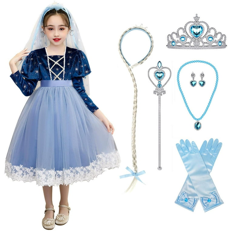 HAWEE Snow Princess Dress for Girls Queen Halloween Cosplay Costume Kids Christmas Birthday Fancy Party Dress Up Winter Long Sleeve Party Dress