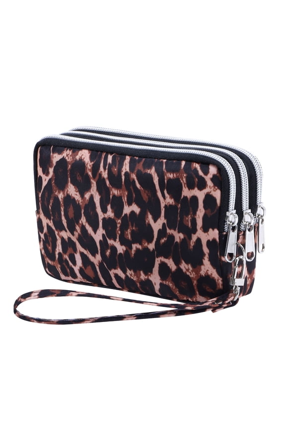 Three Zippered Wristlet Wallet Purses for Women Leopard Print Multi Pocket Clutch Bag for Cellphone, Coin, Credit Card, Cash