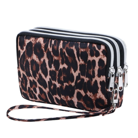 HAWEE Three Zippered Wristlet Wallet Purses for Women Leopard Print Multi Pocket Clutch Bag for Cellphone, Coin, Credit Card, Cash
