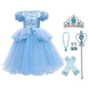 HAWEE Toddler Girls Princess Blue Costumes Halloween Dress up Fancy Gown for Cosplay Party & Accessories