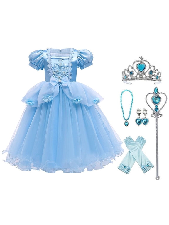 Toddler Girls Princess Blue Costumes Halloween Dress up Fancy Gown for Cosplay Party & Accessories