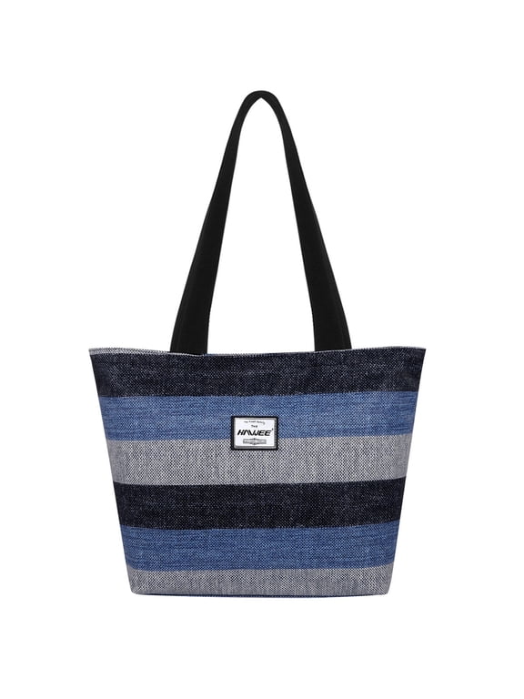 Tote Bag with Zipper for Women with Bottle Pockets Heavy Duty Casual Anti-water Cloth Shoulder Handbag PVC Padded, Blue Gray Black Stripes