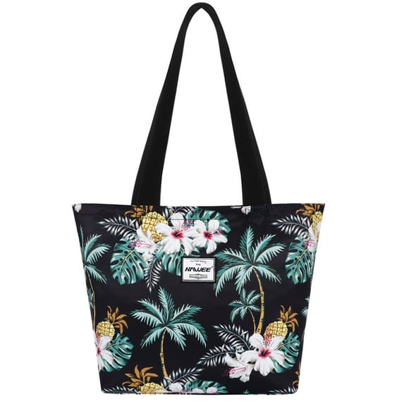 HAWEE Tote Bag with Zipper for Women with Bottle Pockets Heavy Duty Casual Anti-water Cloth Shoulder Handbag PVC Padded, Coconut Palm