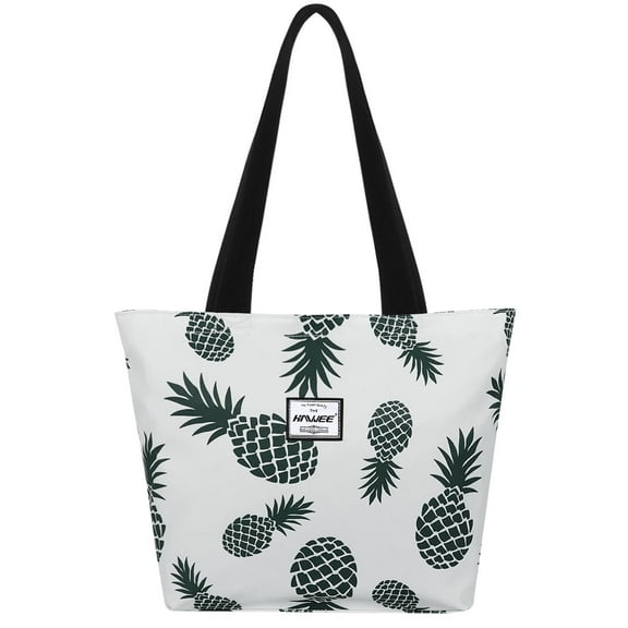 HAWEE Tote Bag with Zipper for Women with Bottle Pockets Heavy Duty Casual Anti-water Cloth Shoulder Handbag PVC Padded, Green Pineapple