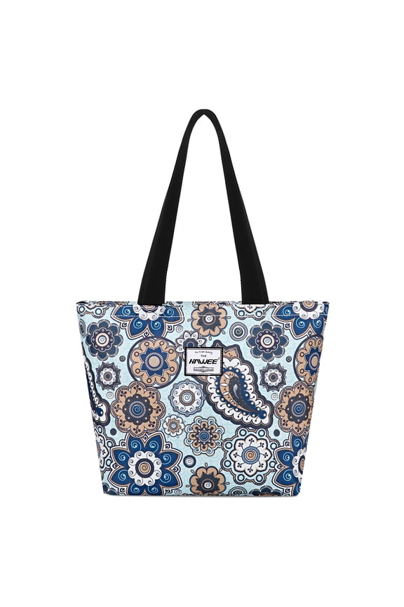 Tote Bag with Zipper for Women with Bottle Pockets Heavy Duty Casual Anti-water Cloth Shoulder Handbag, Geometric Flower