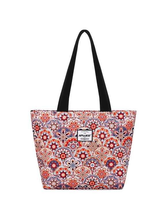 Tote Bag with Zipper for Women with Bottle Pockets Heavy Duty Casual Anti-water Cloth Shoulder Handbag, Orange Flower