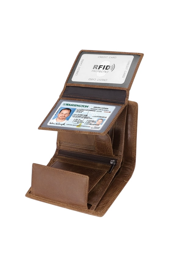 Trifold Billfold RFID Blocking Cowhide Leather Wallet for Men 10 Card Slots 2 ID Windows with Coin Pocket, Brown