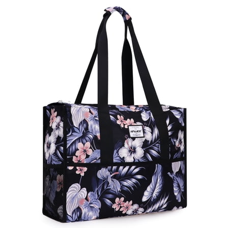 HAWEE Utility Zippered Tote Bag with Laptop Compartment and Luggage Sleeve for Nursing Work Travel 15 Pockets Water Repellent Commuter Bag, Hibiscus