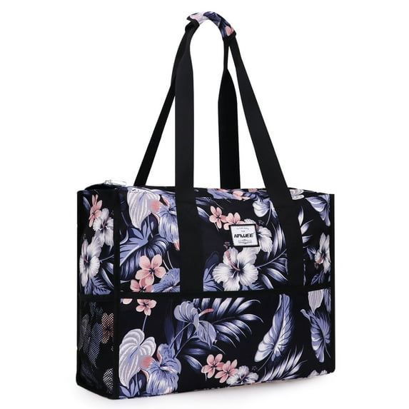 HAWEE Utility Zippered Tote Bag with Laptop Compartment and Luggage Sleeve for Nursing Work Travel 15 Pockets Water Repellent Commuter Bag, Hibiscus