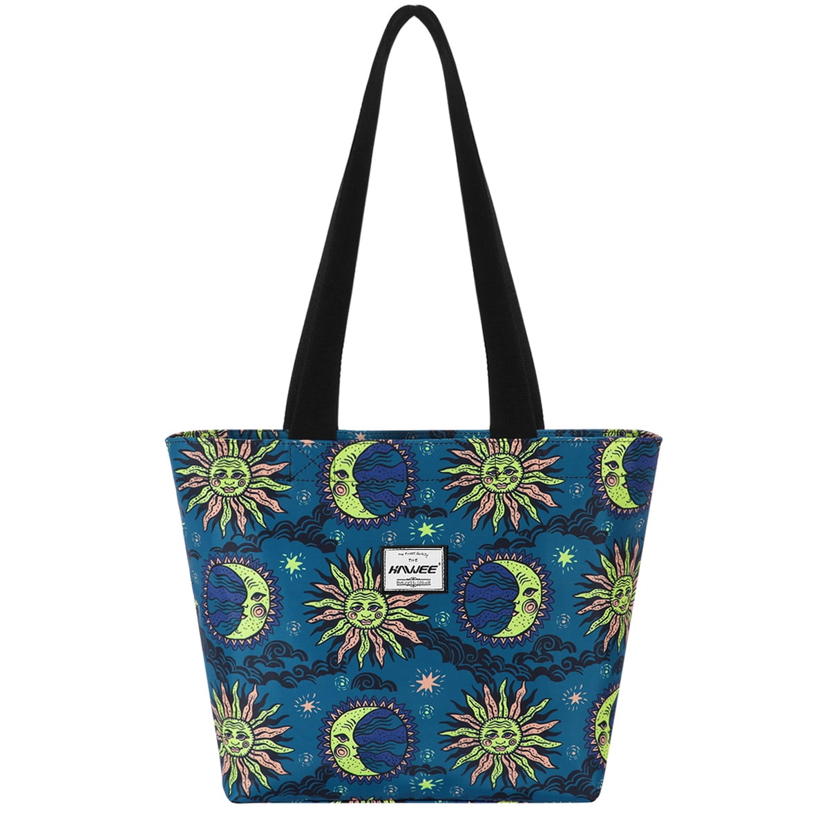 HAWEE Waterproof Tote Bag with Zipper for Women Girls Inside Mesh Pocket Heavy Duty Casual Cloth Shoulder Handbag Outdoors Sun and Moon