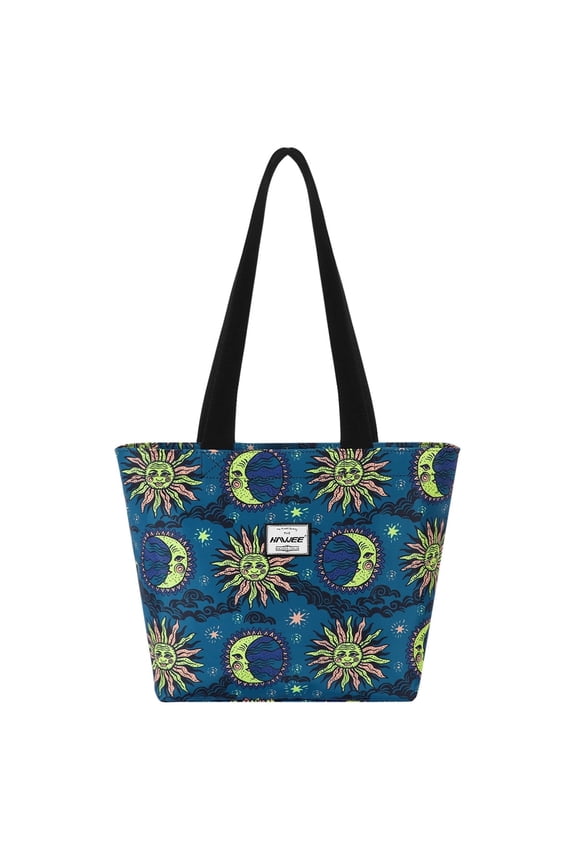 Waterproof Tote Bag with Zipper for Women Inside Mesh Pocket Heavy Duty Casual Cloth Shoulder Handbag Outdoors, Sun and Moon