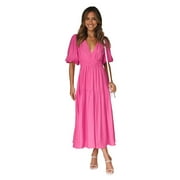 HAWEE Women 2023 Fall Deep V Bubble Sleeve Dress Casual Holiday Pleated Waist Dress A-Line Maxi Formal Dresses