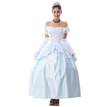HAWEE Women's Deluxe Blue Princess Costume, Classic Blue Dress Up for Adult with Petticoat, Sleeve, Choker and Crown