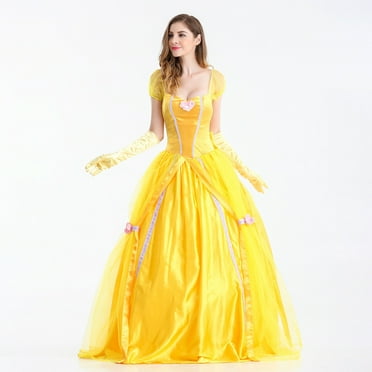 HAWEE Women's Hallloween Belle Costume Princess Dress Layered Prom Satin Dresses with Gloves, Petticoats