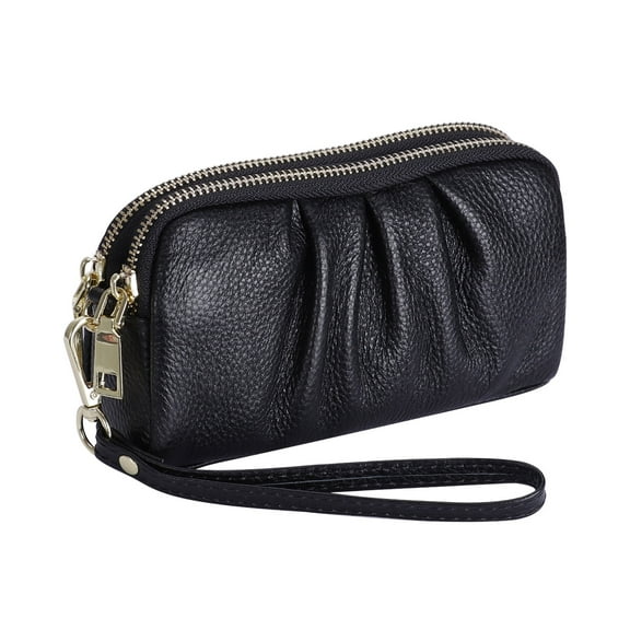 HAWEE Women's Wristlet Wallet Genuine Leather Double Zipper Casual Ruched Clutch Purse, Black