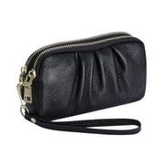 HAWEE Womens Wristlet Wallet Genuine Leather Double Zipper Casual Ruched Clutch Purse, Black