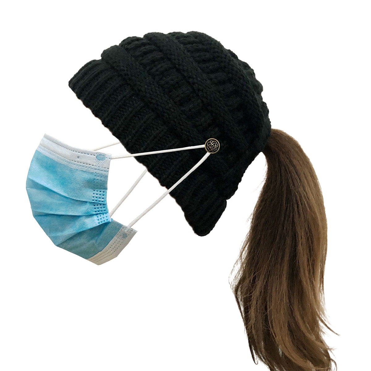 HAWEE Womens Ponytail Beanie Hat with Button for Mask, Criss HAWEE Womens Ponytail Beanie Hat with Button for Mask, Criss