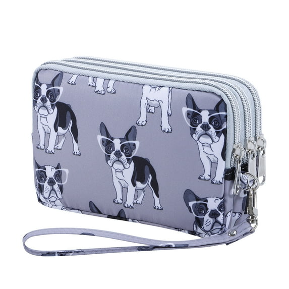 HAWEE Womens Wristlet Wallet Cellphone Purse Handbag Large Capacity Water-resistant Wrist Bag Three Zipper Pouch, Grey Dog